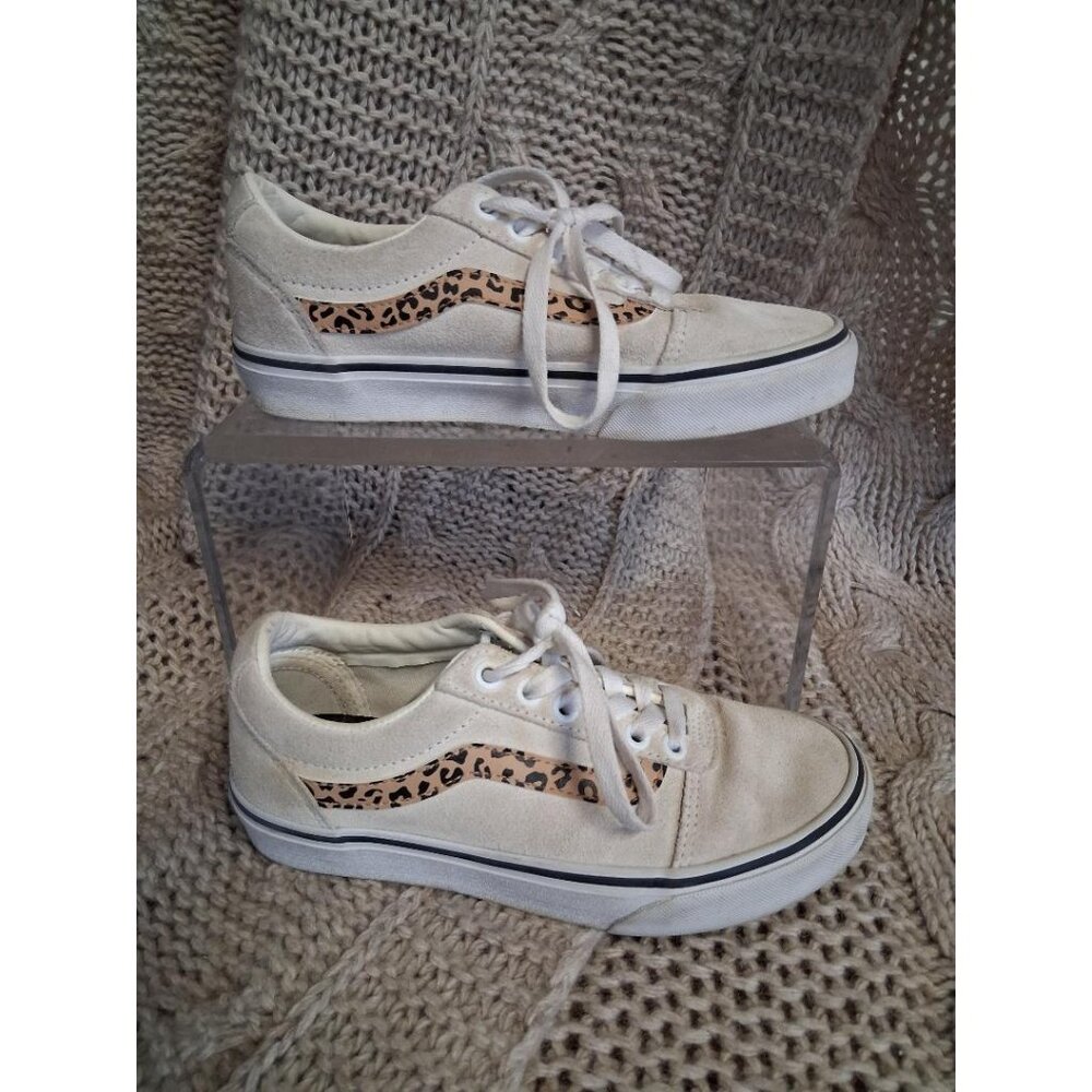 Vans Womens Size 6 Leopard Stripe Old Skool Low-Top Sneakers In Beige Suede & Ca